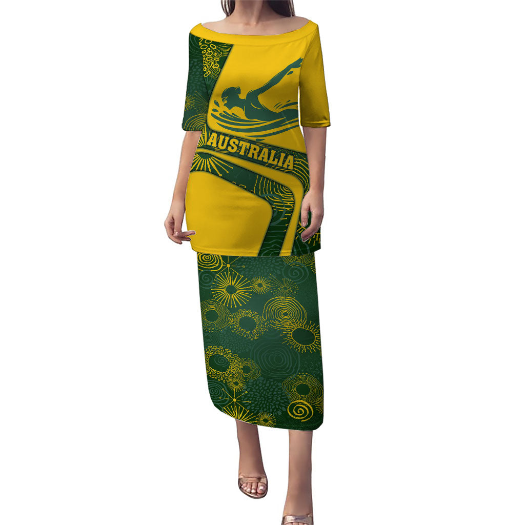 Personalized Australia Swimming Athlete Puletasi Bold Swimmer Silhouette With Indigenous Pattern Accents