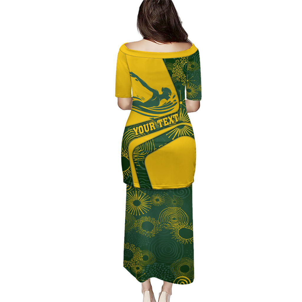 Personalized Australia Swimming Athlete Puletasi Bold Swimmer Silhouette With Indigenous Pattern Accents
