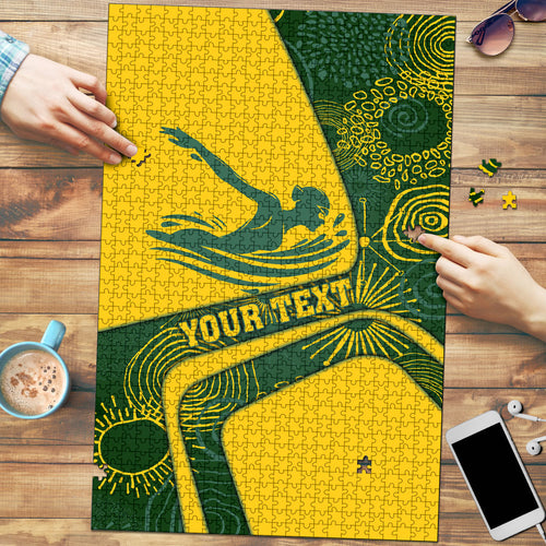 Personalized Australia Swimming Athlete Puzzle Bold Swimmer Silhouette With Indigenous Pattern Accents