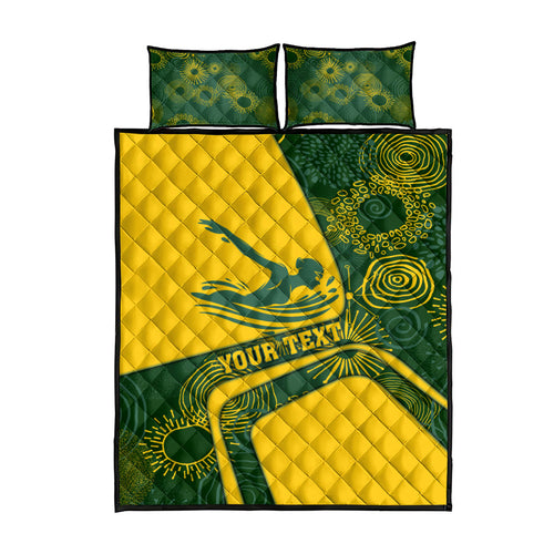Personalized Australia Swimming Athlete Quilt Bed Set Bold Swimmer Silhouette With Indigenous Pattern Accents