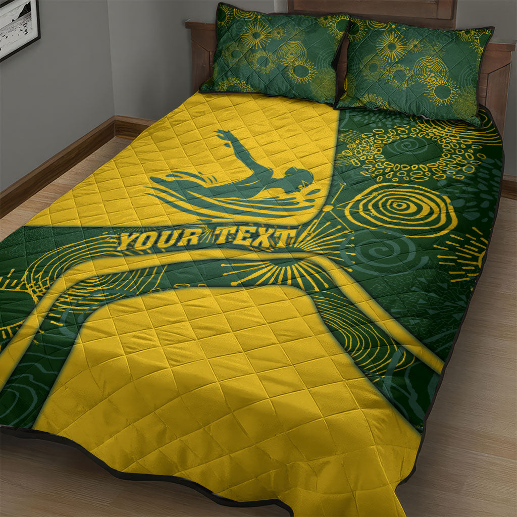 Personalized Australia Swimming Athlete Quilt Bed Set Bold Swimmer Silhouette With Indigenous Pattern Accents