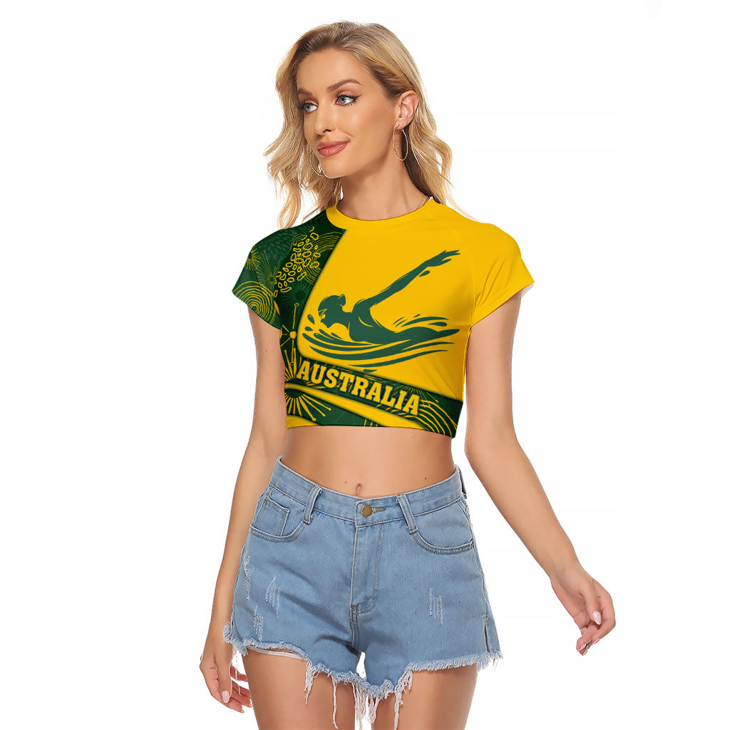 Personalized Australia Swimming Athlete Raglan Cropped T Shirt Bold Swimmer Silhouette With Indigenous Pattern Accents