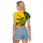 Personalized Australia Swimming Athlete Raglan Cropped T Shirt Bold Swimmer Silhouette With Indigenous Pattern Accents