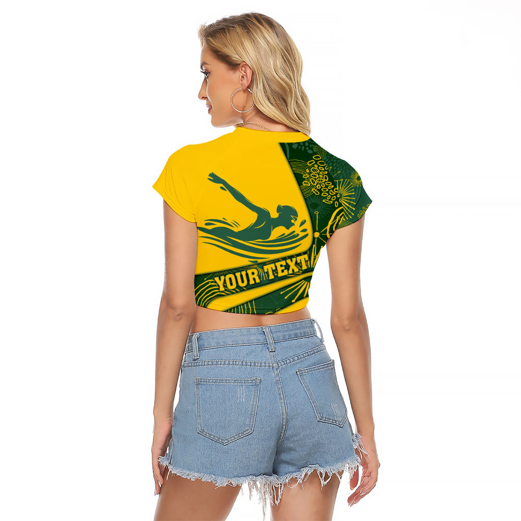 Personalized Australia Swimming Athlete Raglan Cropped T Shirt Bold Swimmer Silhouette With Indigenous Pattern Accents