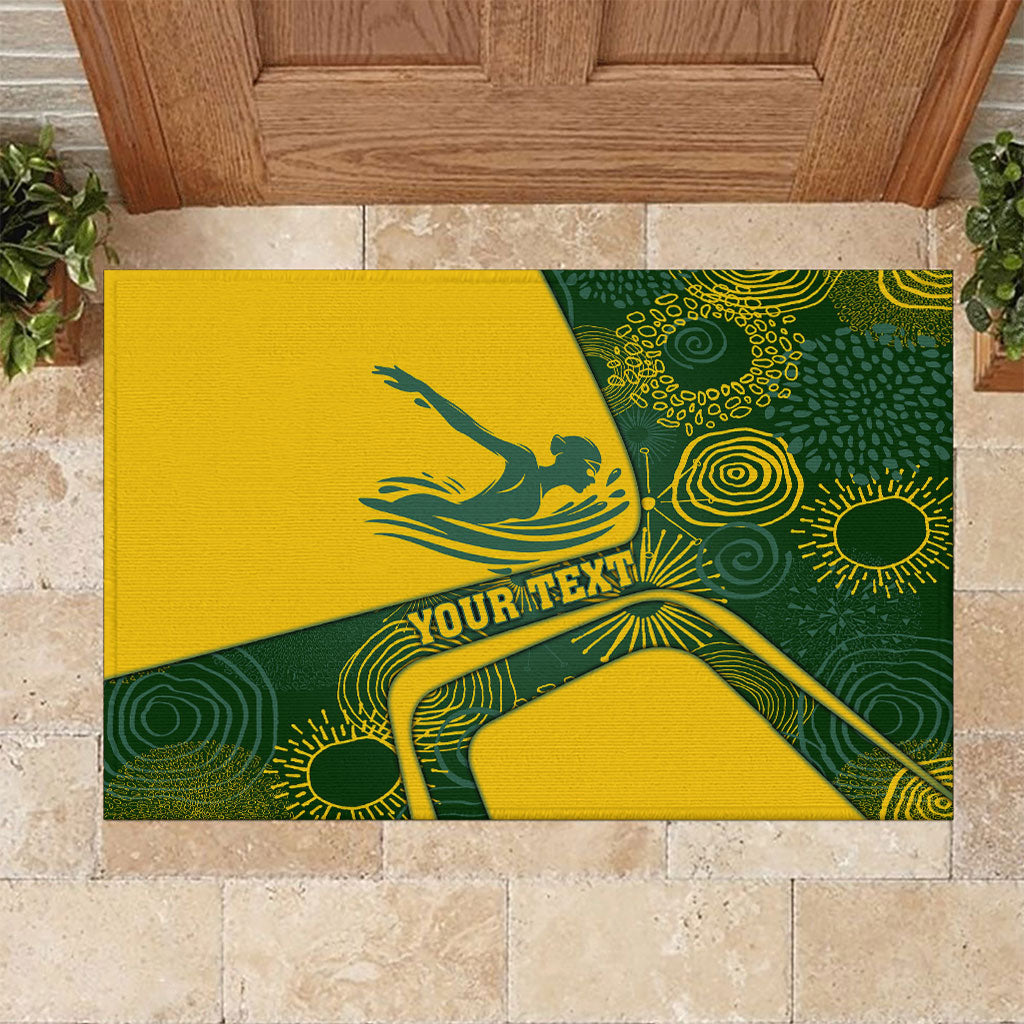 Personalized Australia Swimming Athlete Rubber Doormat Bold Swimmer Silhouette With Indigenous Pattern Accents