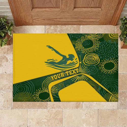 Personalized Australia Swimming Athlete Rubber Doormat Bold Swimmer Silhouette With Indigenous Pattern Accents