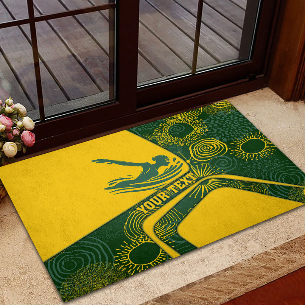 Personalized Australia Swimming Athlete Rubber Doormat Bold Swimmer Silhouette With Indigenous Pattern Accents