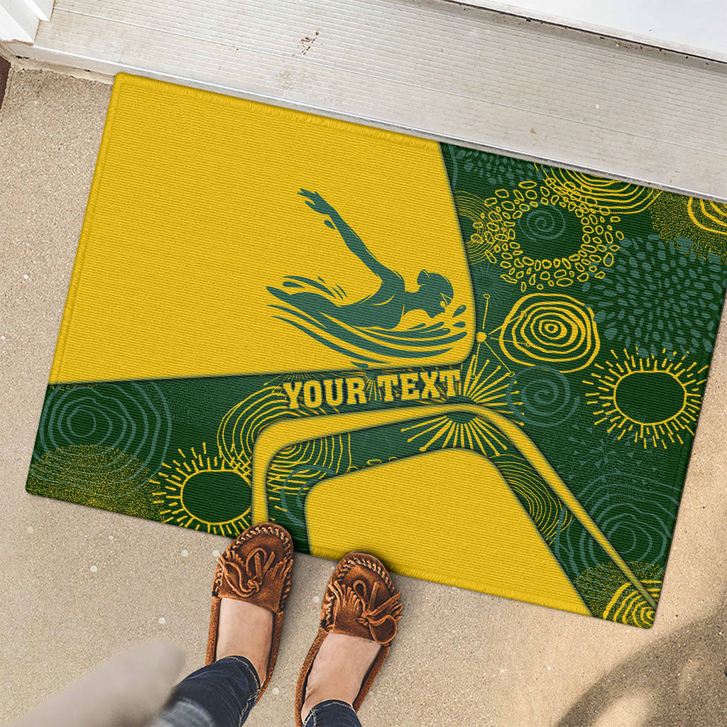 Personalized Australia Swimming Athlete Rubber Doormat Bold Swimmer Silhouette With Indigenous Pattern Accents