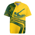 Personalized Australia Swimming Athlete Rugby Jersey Bold Swimmer Silhouette With Indigenous Pattern Accents