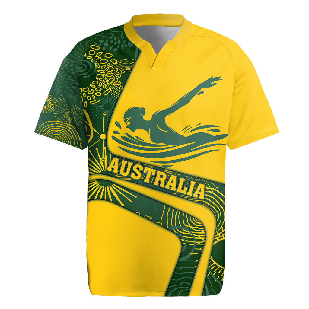 Personalized Australia Swimming Athlete Rugby Jersey Bold Swimmer Silhouette With Indigenous Pattern Accents