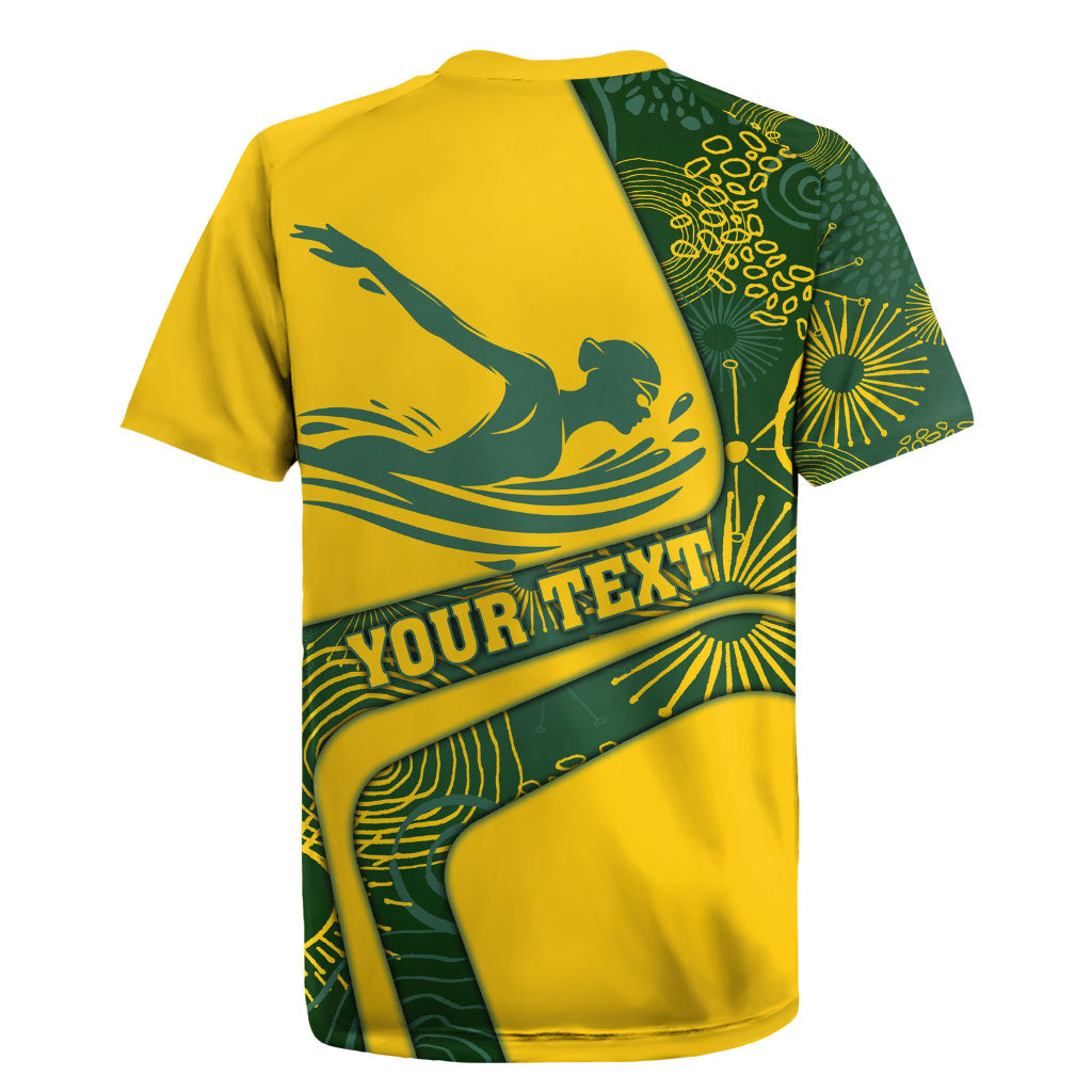 Personalized Australia Swimming Athlete Rugby Jersey Bold Swimmer Silhouette With Indigenous Pattern Accents