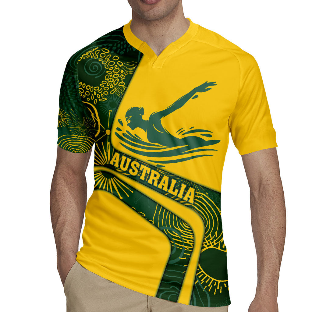 Personalized Australia Swimming Athlete Rugby Jersey Bold Swimmer Silhouette With Indigenous Pattern Accents