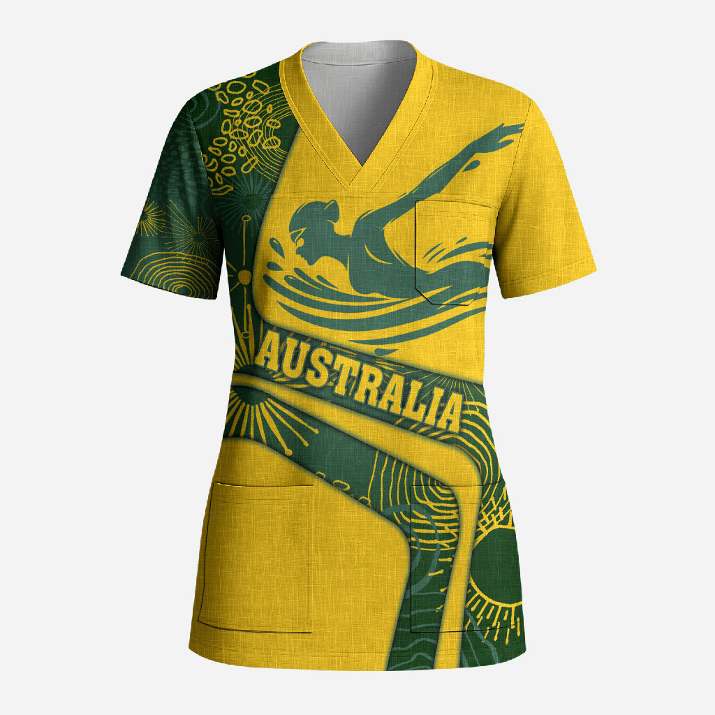 Personalized Australia Swimming Athlete Scrub Top Bold Swimmer Silhouette With Indigenous Pattern Accents