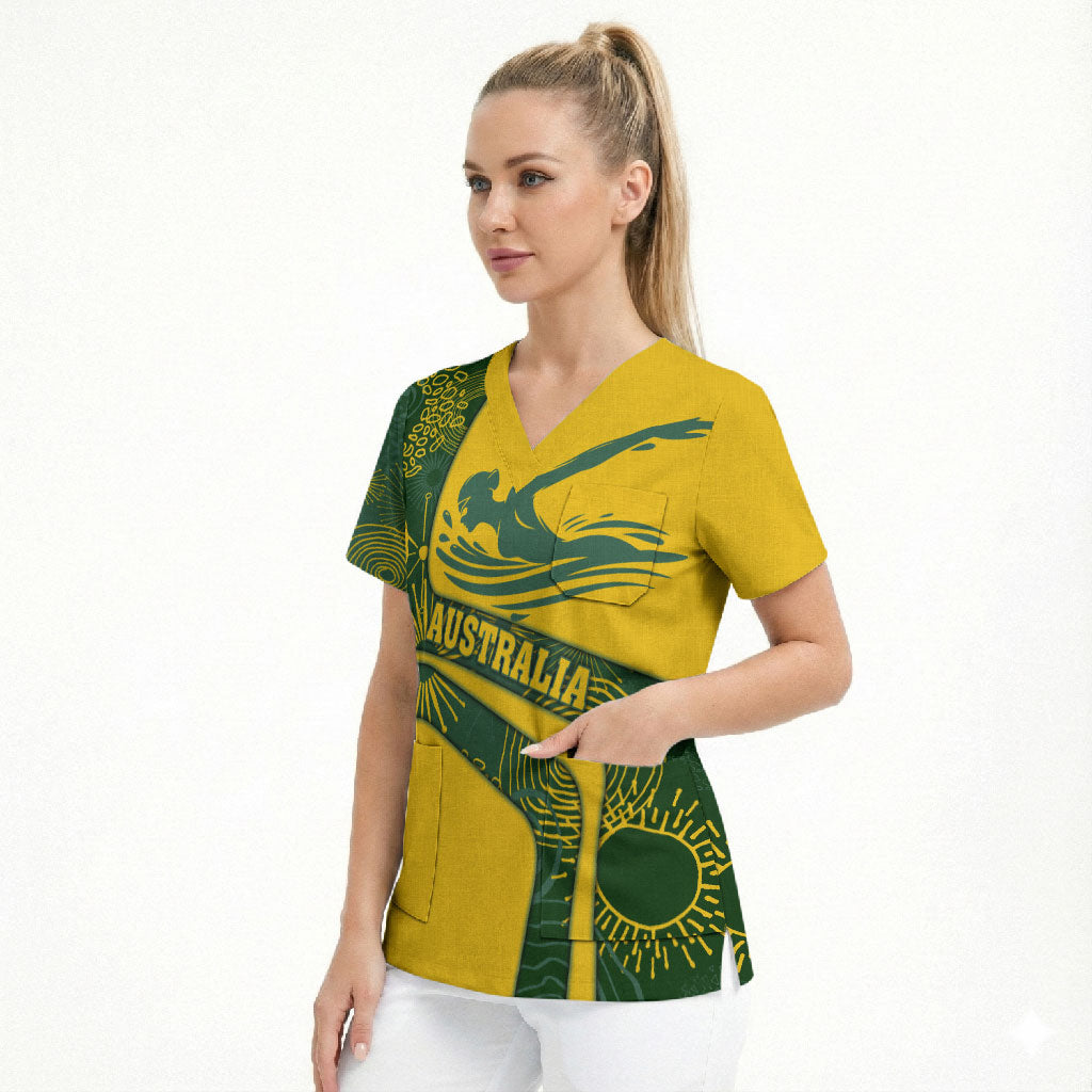 Personalized Australia Swimming Athlete Scrub Top Bold Swimmer Silhouette With Indigenous Pattern Accents