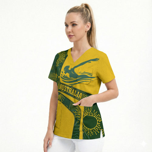 Personalized Australia Swimming Athlete Scrub Top Bold Swimmer Silhouette With Indigenous Pattern Accents