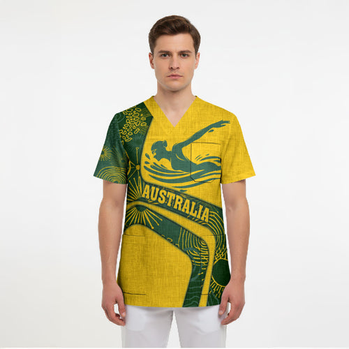 Personalized Australia Swimming Athlete Scrub Top Bold Swimmer Silhouette With Indigenous Pattern Accents