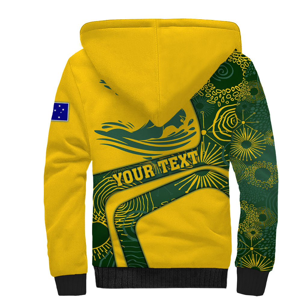 Personalized Australia Swimming Athlete Sherpa Hoodie Bold Swimmer Silhouette With Indigenous Pattern Accents