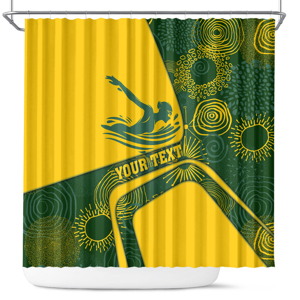 Personalized Australia Swimming Athlete Shower Curtain Bold Swimmer Silhouette With Indigenous Pattern Accents