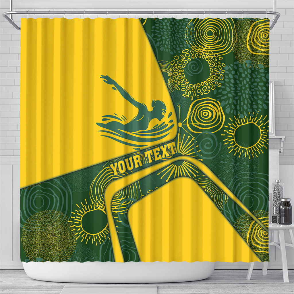 Personalized Australia Swimming Athlete Shower Curtain Bold Swimmer Silhouette With Indigenous Pattern Accents