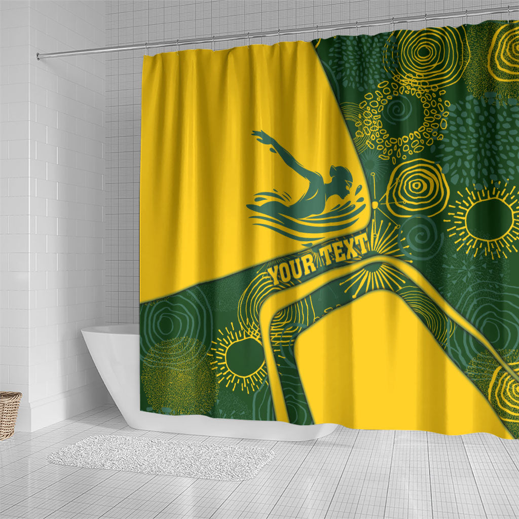 Personalized Australia Swimming Athlete Shower Curtain Bold Swimmer Silhouette With Indigenous Pattern Accents