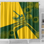 Personalized Australia Swimming Athlete Shower Curtain Bold Swimmer Silhouette With Indigenous Pattern Accents