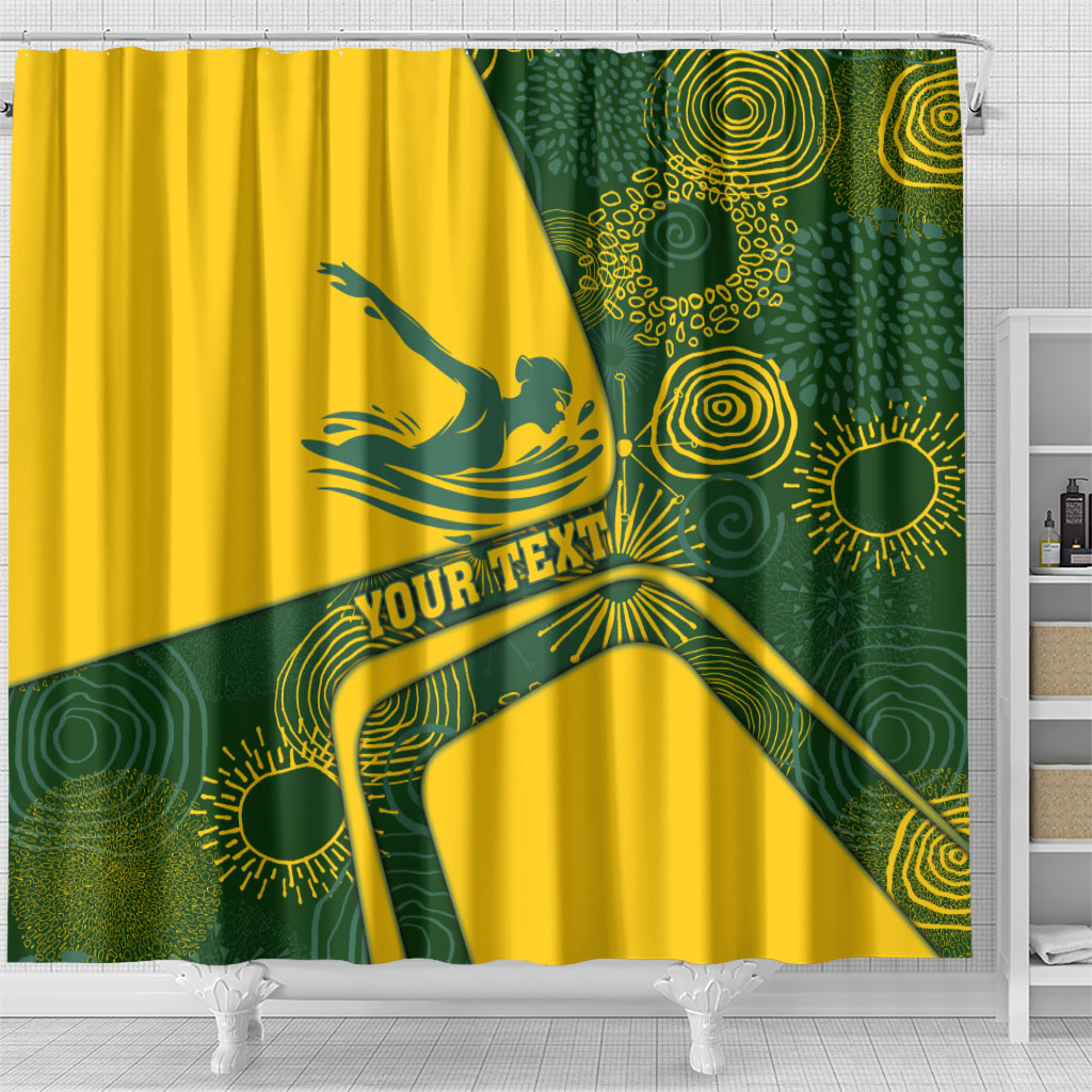 Personalized Australia Swimming Athlete Shower Curtain Bold Swimmer Silhouette With Indigenous Pattern Accents