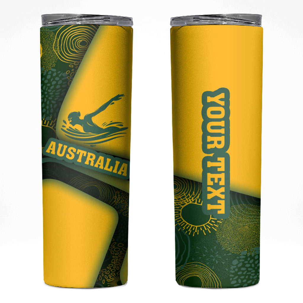 Personalized Australia Swimming Athlete Skinny Tumbler Bold Swimmer Silhouette With Indigenous Pattern Accents