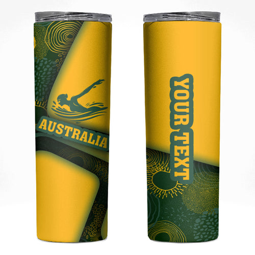Personalized Australia Swimming Athlete Skinny Tumbler Bold Swimmer Silhouette With Indigenous Pattern Accents