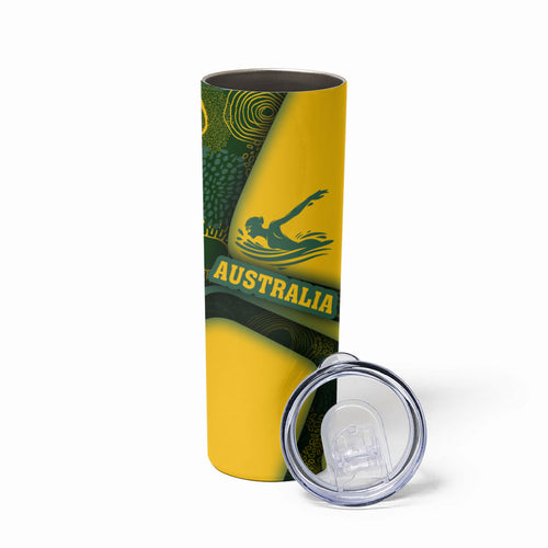 Personalized Australia Swimming Athlete Skinny Tumbler Bold Swimmer Silhouette With Indigenous Pattern Accents