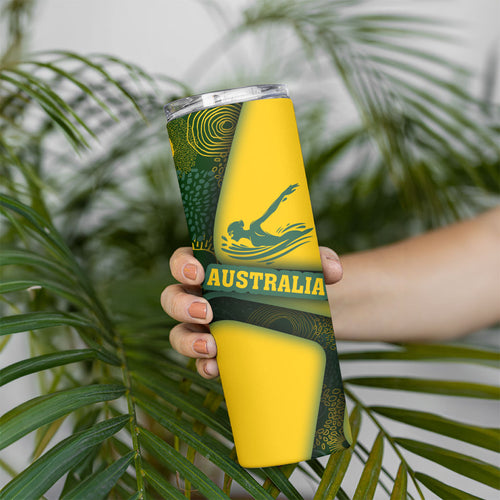 Personalized Australia Swimming Athlete Skinny Tumbler Bold Swimmer Silhouette With Indigenous Pattern Accents