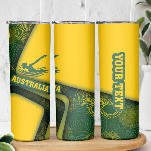 Personalized Australia Swimming Athlete Skinny Tumbler Bold Swimmer Silhouette With Indigenous Pattern Accents