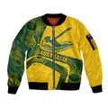 Personalized Australia Swimming Athlete Sleeve Zip Bomber Jacket Bold Swimmer Silhouette With Indigenous Pattern Accents