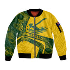 Personalized Australia Swimming Athlete Sleeve Zip Bomber Jacket Bold Swimmer Silhouette With Indigenous Pattern Accents