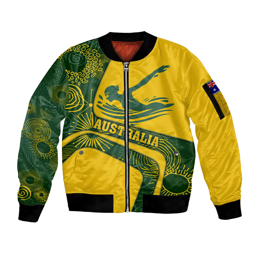 Personalized Australia Swimming Athlete Sleeve Zip Bomber Jacket Bold Swimmer Silhouette With Indigenous Pattern Accents