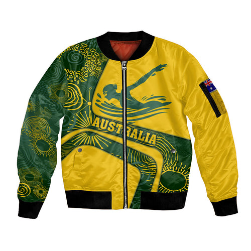 Personalized Australia Swimming Athlete Sleeve Zip Bomber Jacket Bold Swimmer Silhouette With Indigenous Pattern Accents