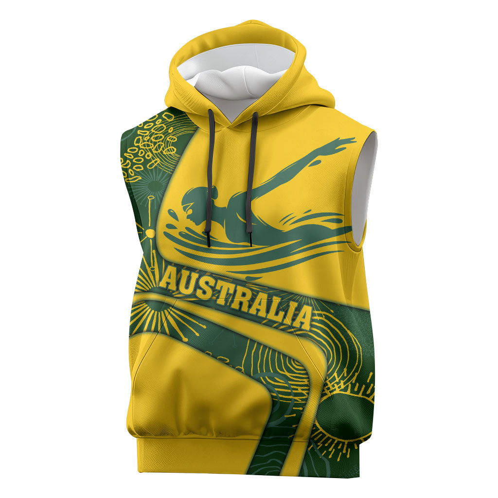 Personalized Australia Swimming Athlete Sleeveless Hoodie Bold Swimmer Silhouette With Indigenous Pattern Accents