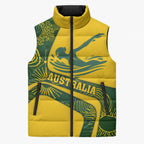 Personalized Australia Swimming Athlete Sleeveless Puffer Jacket Bold Swimmer Silhouette With Indigenous Pattern Accents
