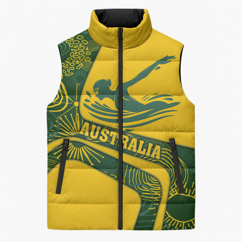 Personalized Australia Swimming Athlete Sleeveless Puffer Jacket Bold Swimmer Silhouette With Indigenous Pattern Accents