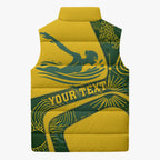 Personalized Australia Swimming Athlete Sleeveless Puffer Jacket Bold Swimmer Silhouette With Indigenous Pattern Accents