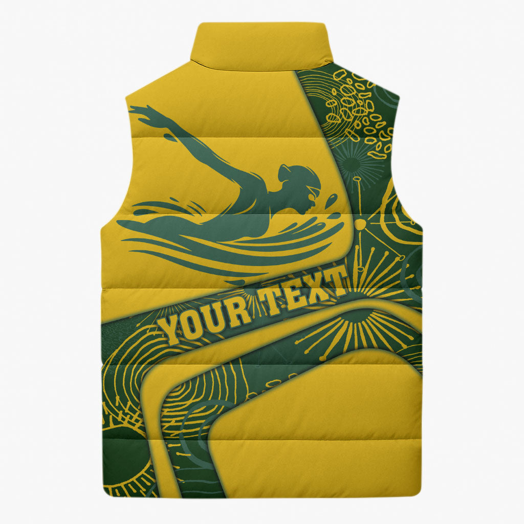 Personalized Australia Swimming Athlete Sleeveless Puffer Jacket Bold Swimmer Silhouette With Indigenous Pattern Accents