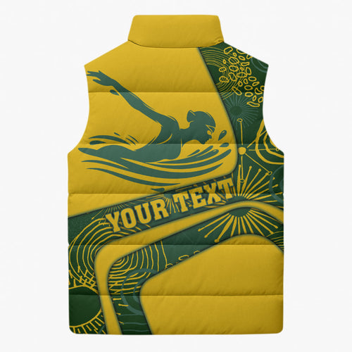 Personalized Australia Swimming Athlete Sleeveless Puffer Jacket Bold Swimmer Silhouette With Indigenous Pattern Accents