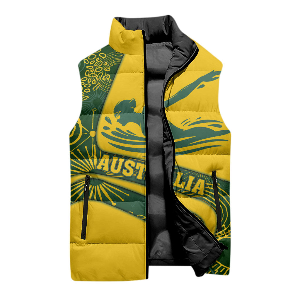 Personalized Australia Swimming Athlete Sleeveless Puffer Jacket Bold Swimmer Silhouette With Indigenous Pattern Accents