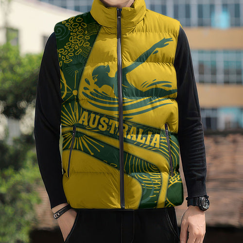Personalized Australia Swimming Athlete Sleeveless Puffer Jacket Bold Swimmer Silhouette With Indigenous Pattern Accents