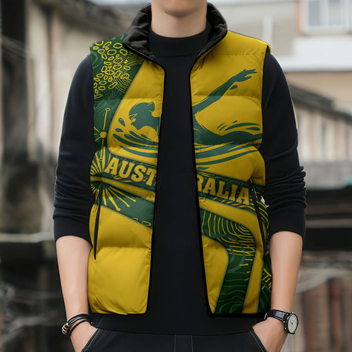 Personalized Australia Swimming Athlete Sleeveless Puffer Jacket Bold Swimmer Silhouette With Indigenous Pattern Accents