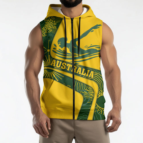 Personalized Australia Swimming Athlete Sleeveless Zip Hoodie Bold Swimmer Silhouette With Indigenous Pattern Accents