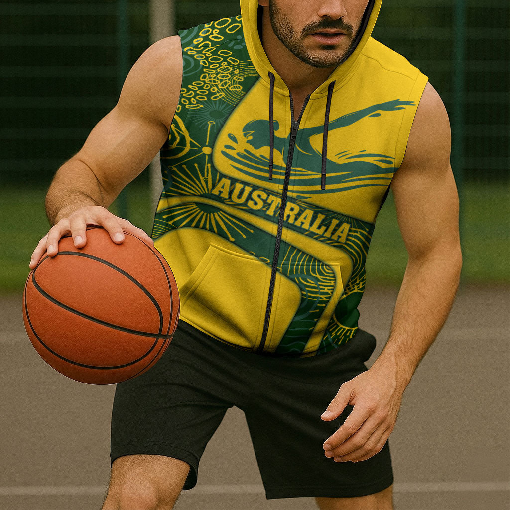 Personalized Australia Swimming Athlete Sleeveless Zip Hoodie Bold Swimmer Silhouette With Indigenous Pattern Accents