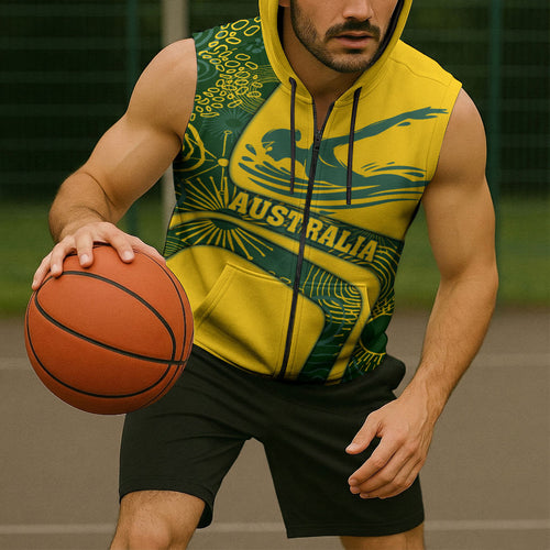 Personalized Australia Swimming Athlete Sleeveless Zip Hoodie Bold Swimmer Silhouette With Indigenous Pattern Accents