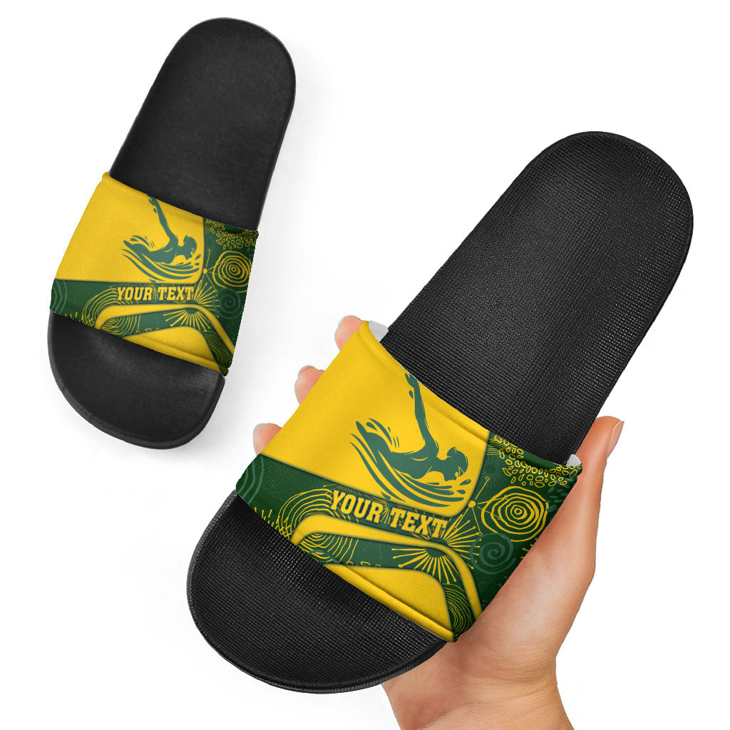 Personalized Australia Swimming Athlete Slide Sandals Bold Swimmer Silhouette With Indigenous Pattern Accents