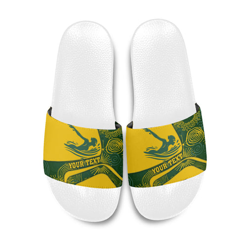 Personalized Australia Swimming Athlete Slide Sandals Bold Swimmer Silhouette With Indigenous Pattern Accents