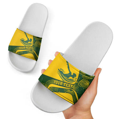 Personalized Australia Swimming Athlete Slide Sandals Bold Swimmer Silhouette With Indigenous Pattern Accents